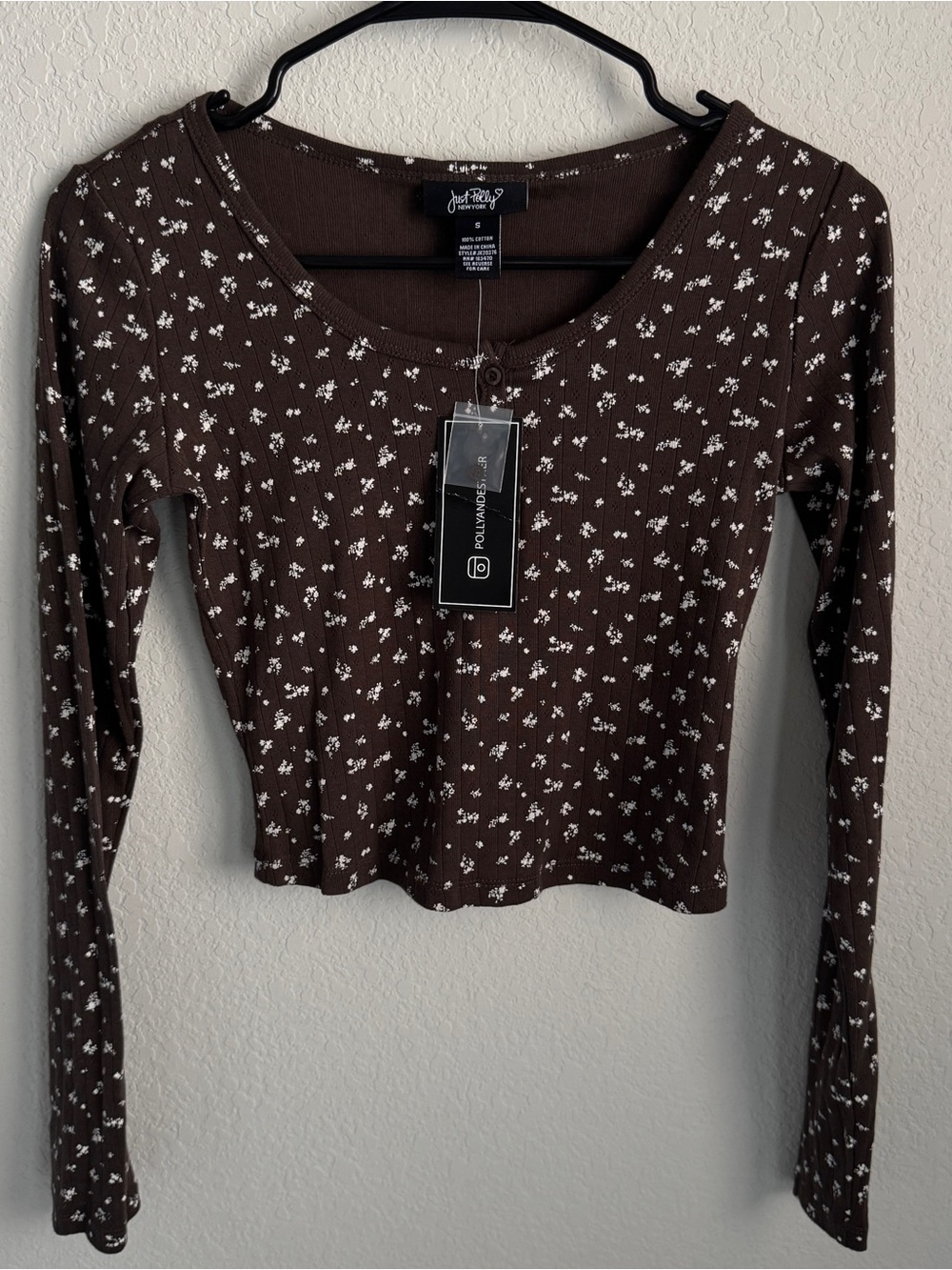 Just Polly Womens Small Brown Ribbed Floral Long Sleeve Button
Henley Crop Top